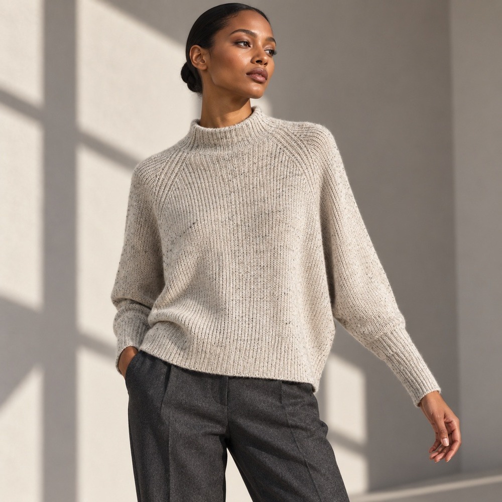 100% Cashmere Sweater Mock Neck Womens Gray White Speckled Ribbed Batwing Knit